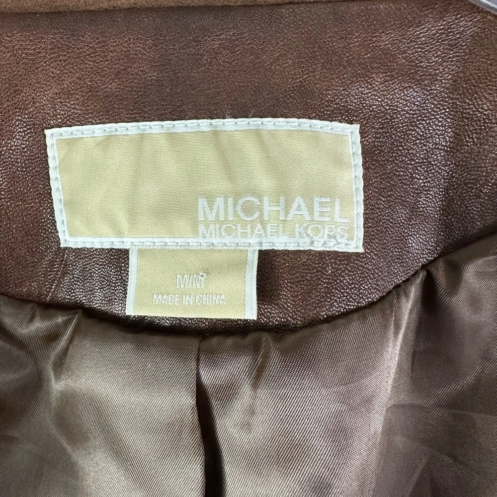 Michael Kors Brown Distressed Leather Long Western Style Button Jacket Size M